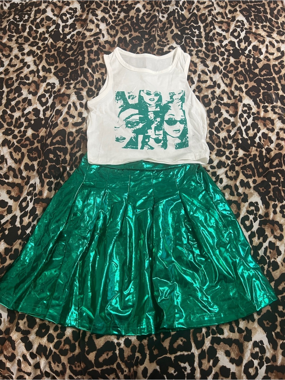 White Tank Top with Green Graphic & Shiny Green Skater Skirt